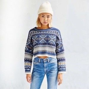 BDG Urban Outfitters Fair Isle Blue Sweater Cropped Cotton Blend Size Medium